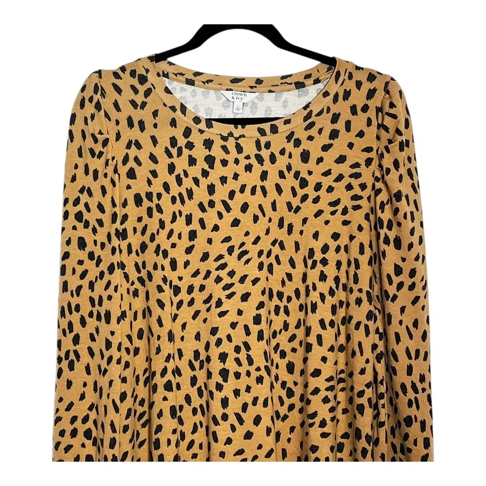 Crown &‎ Ivy Leopard Print Long Sleeve Tiered Ruffle Hem Dress Women L
